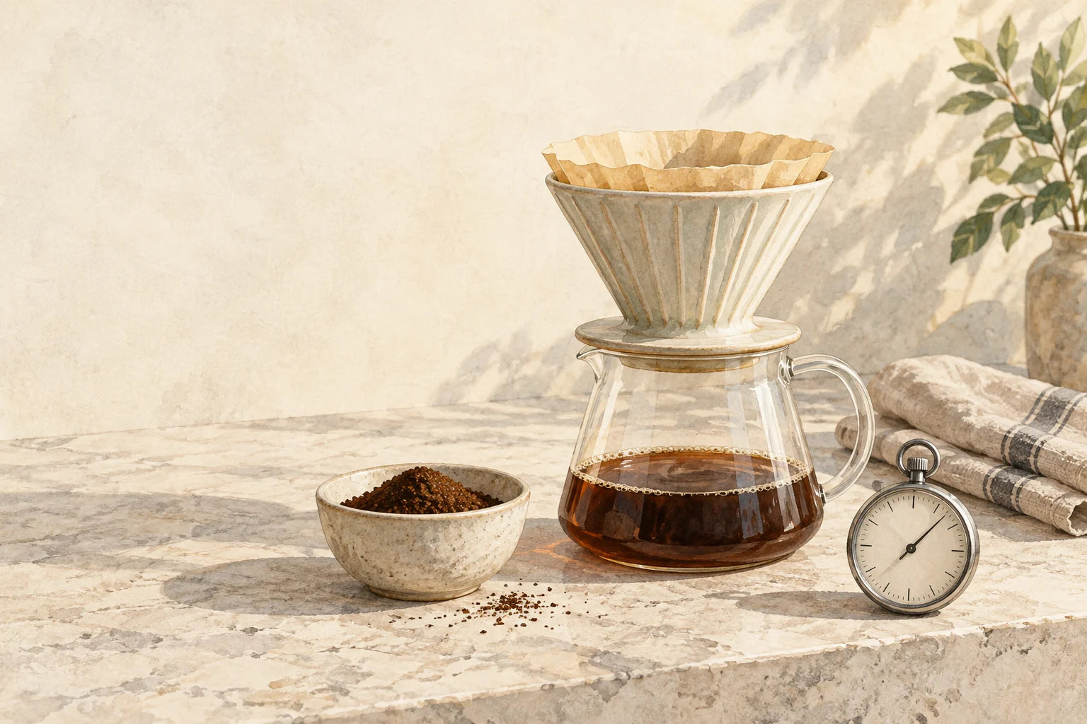 Editorial illustration of a pour-over coffee setup and timing notes