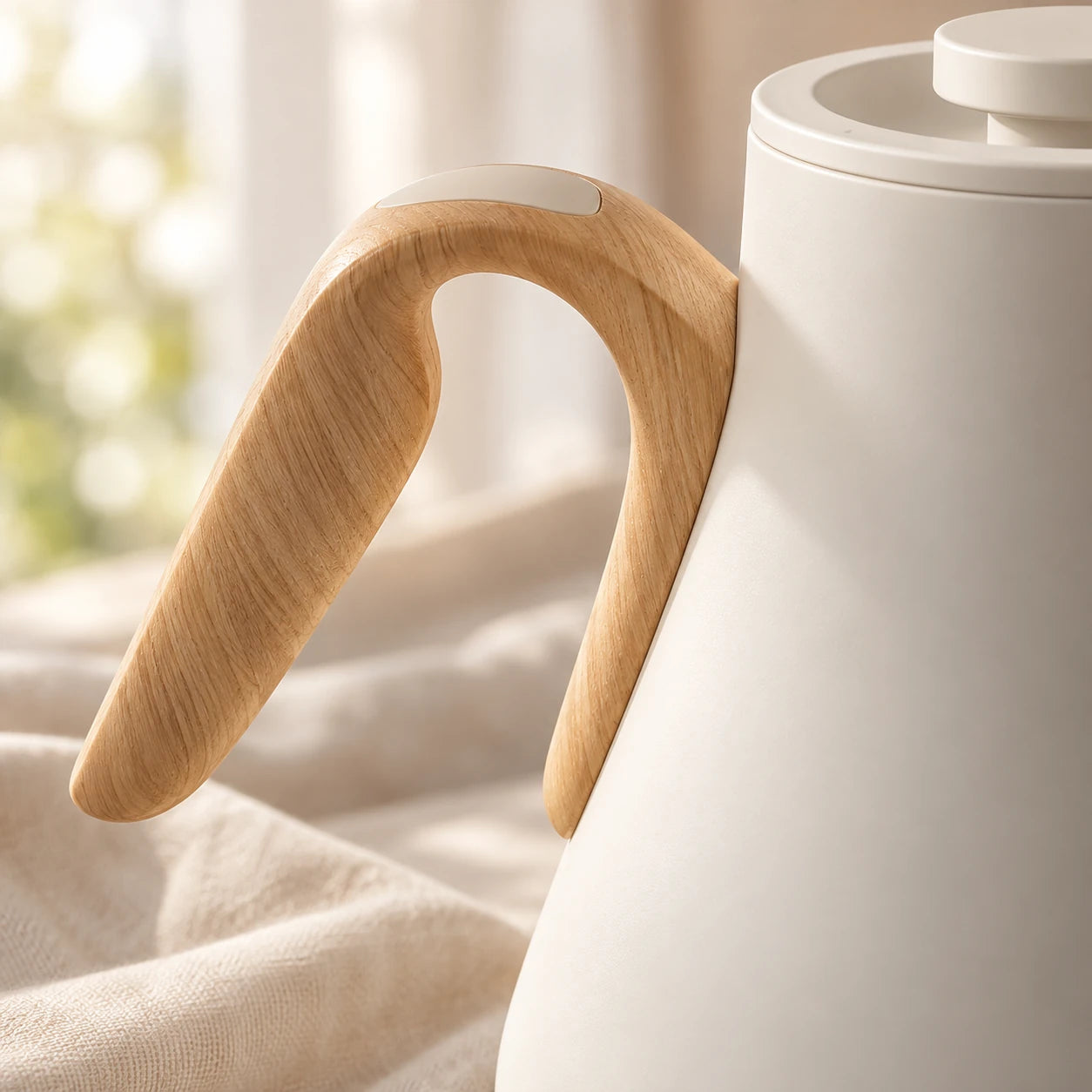 The curved light wood-look handle of the Cream White Walnut EPEIOS kettle