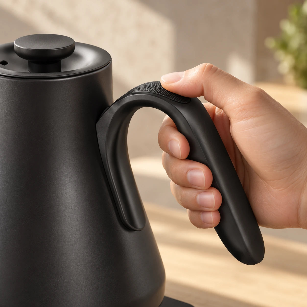 A hand holding the kettle handle