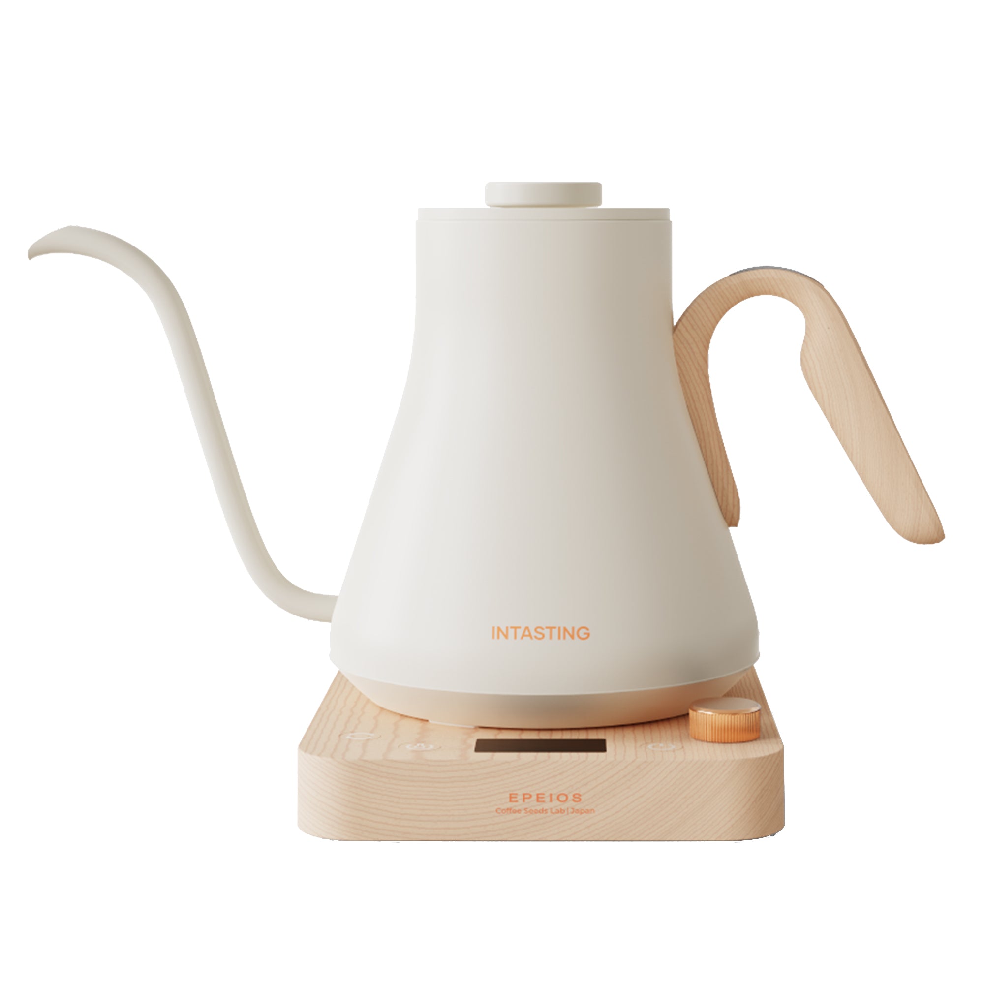 EPEIOS Gooseneck Electric Kettle Cream White Walnut Stand and Handle