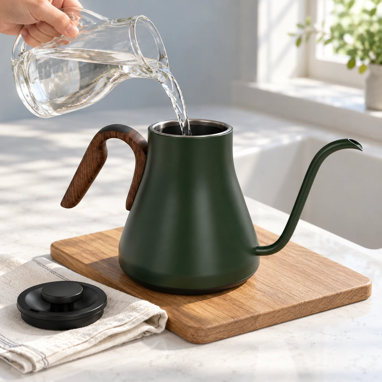 Fresh water poured into the Green EPEIOS kettle with its lid removed and base set aside