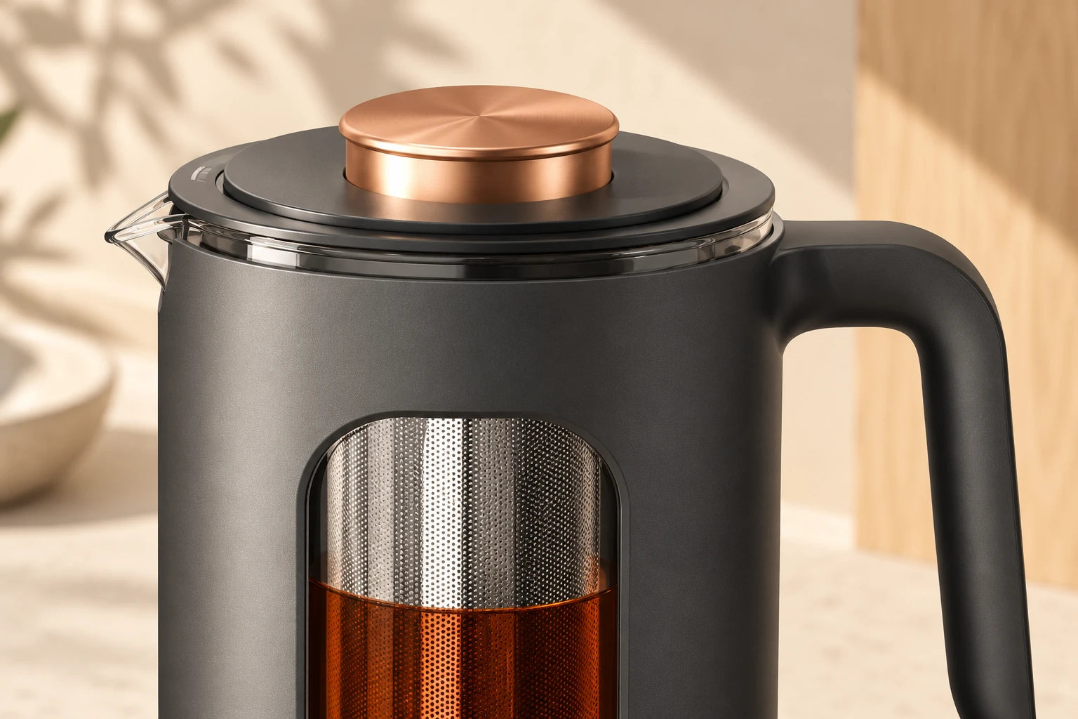 The copper lid knob and dark gray finish in close detail