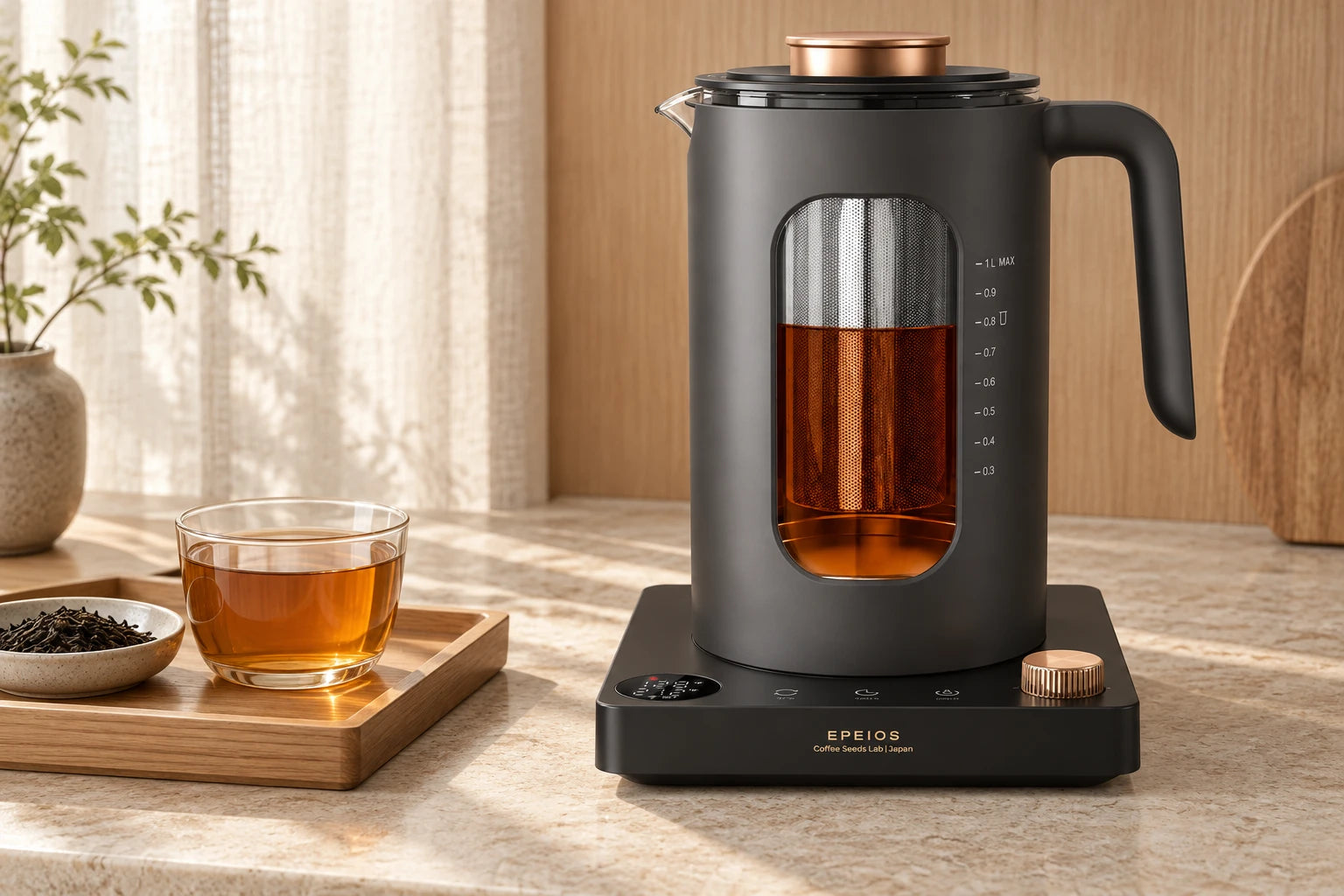 The tea kettle beside a wooden tea tray in a quiet home