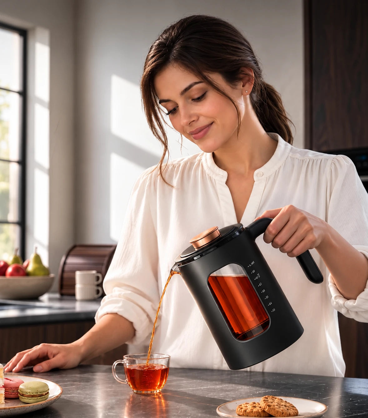 A cup of tea poured from the electric tea kettle
