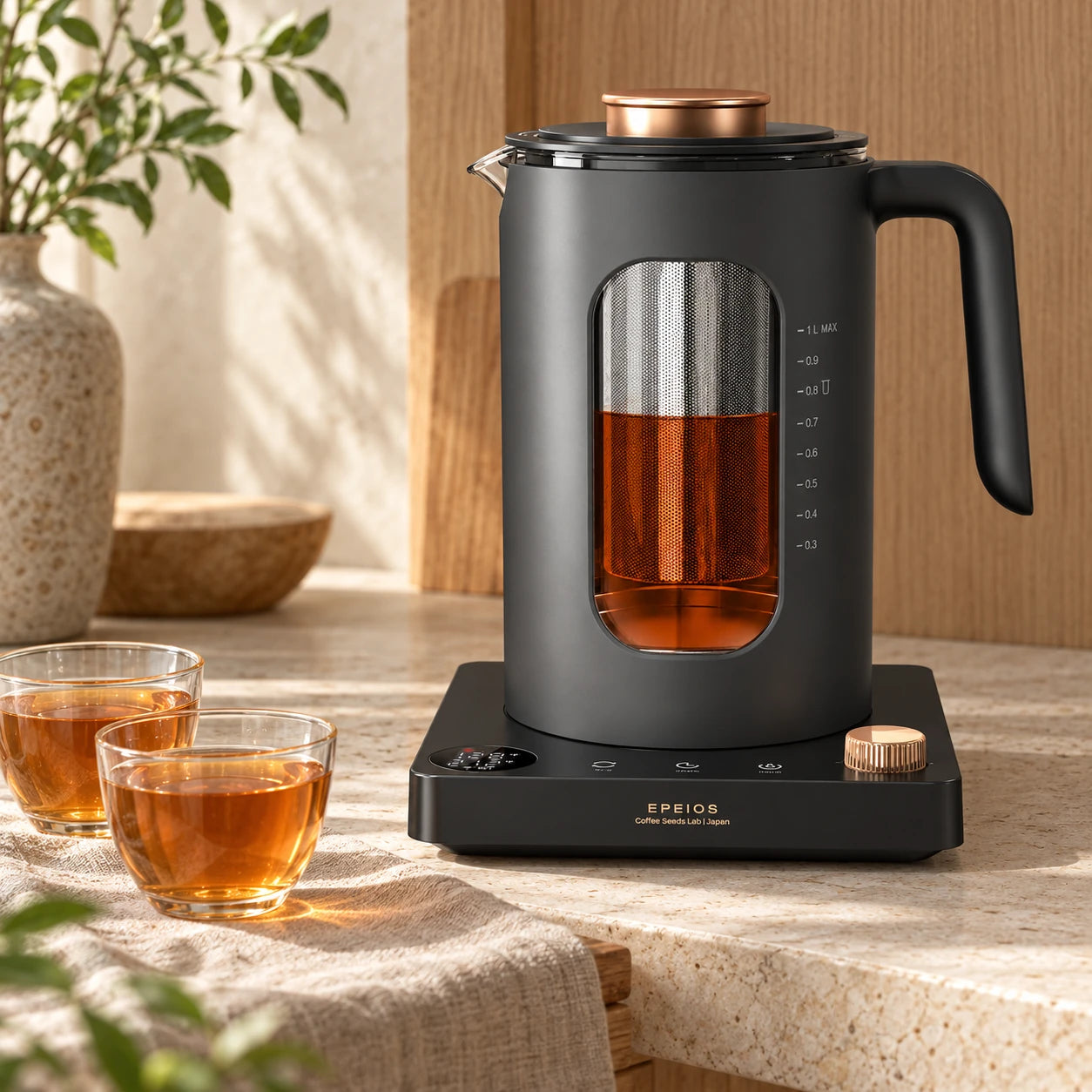 The tea kettle with two glasses of amber tea