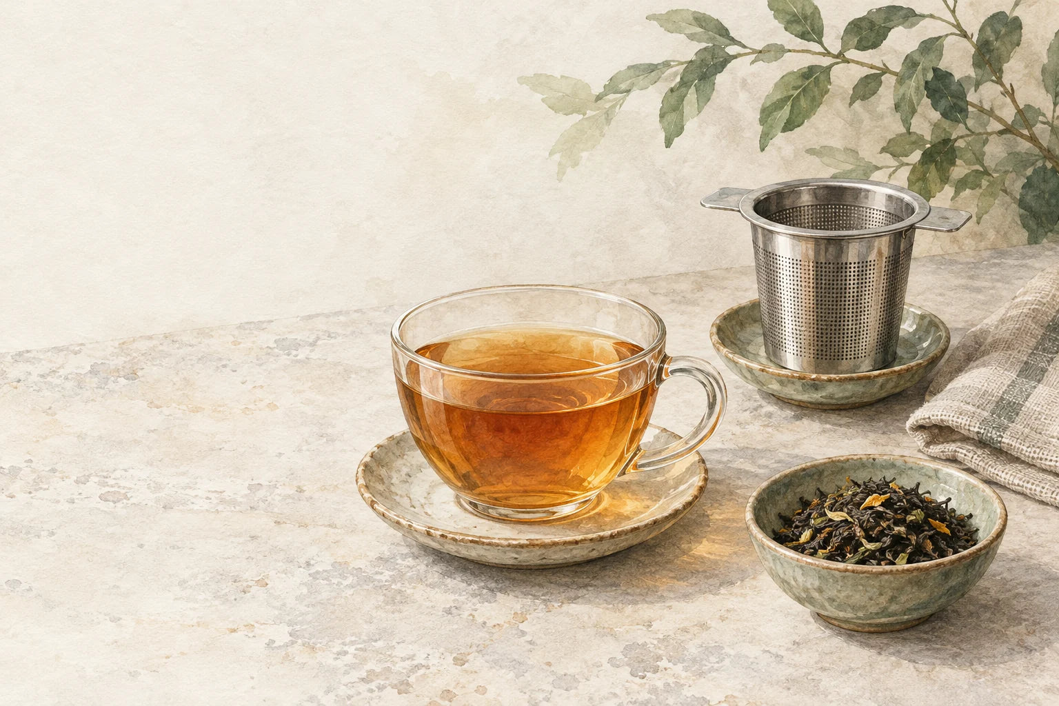 Editorial illustration of loose-leaf tea, an infuser and teaware